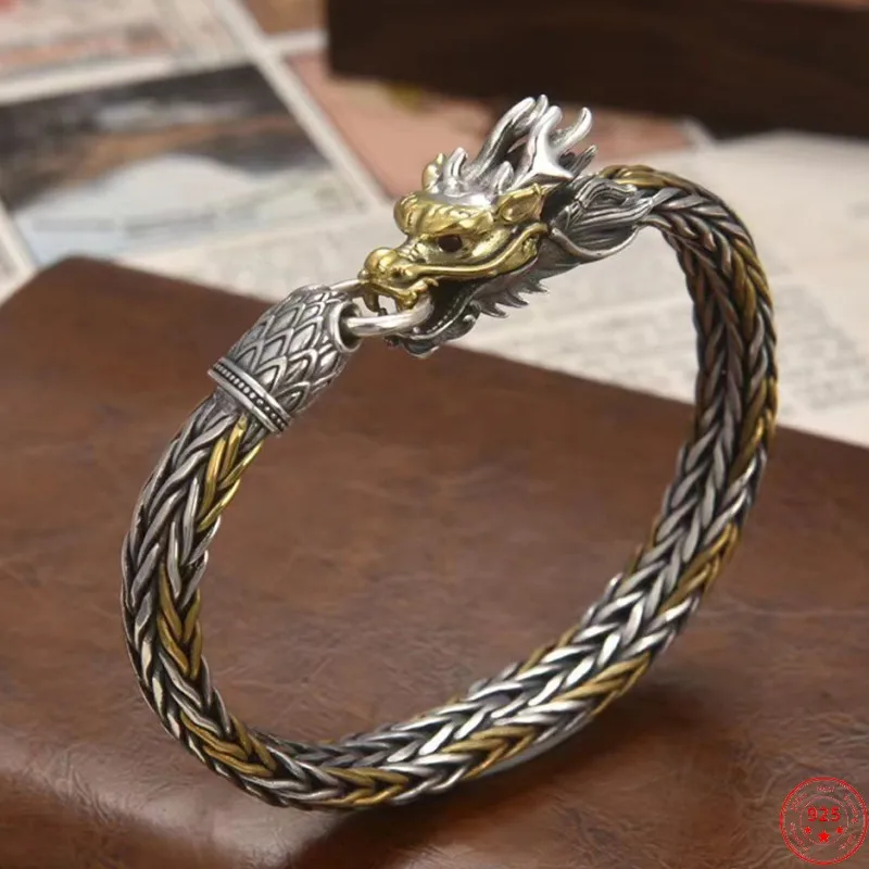 S925 Sterling Silver Bracelets for Men New Men's Fashion Colors Dragon Weaven-chain Argentum Bangle Punk Viking Jewelry