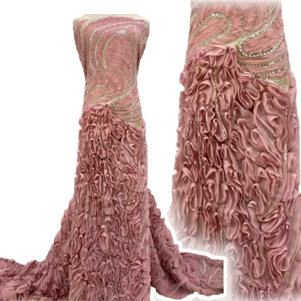 

African Nigerian Pink 3D Applique Lace Flower Fabric High Quality with Sequins Embroidery French Lace Fabric Wedding Party A1243