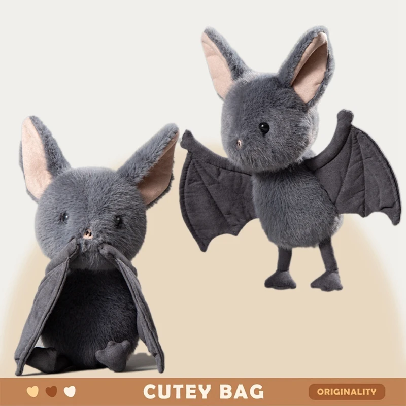 Cute Gray Bat Plush Toy Soft Stuffed Animal Doll Fluffy Flying Fox Plushie Kawaii Room Decor Birthday Gift for Kids Boys Girls