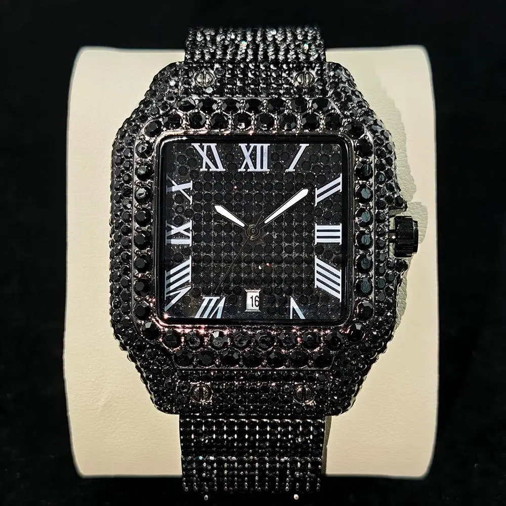 

Cool Black Ice Watch For Men Brand UNIGUET Luxury Stainless Steel Quartz Timepiece Man Hip Hop Diamond Square Wristwatch New