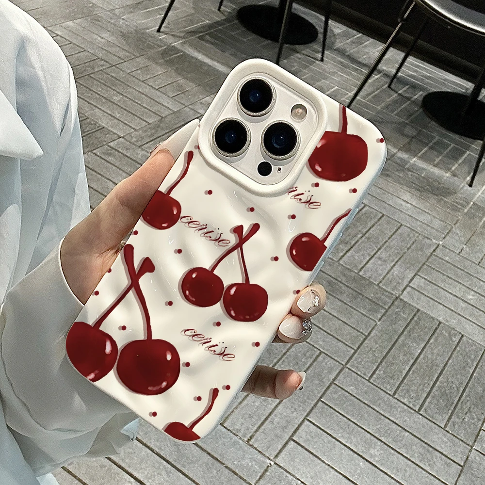 Koreanisches Kirschmuster Handyhülle für iPhone 17 16 15 14 13 12 11 Pro Max 14 15 Plus 17Air Falten-Wellen Weiche Silikon-Schutzhülle – Detail 4