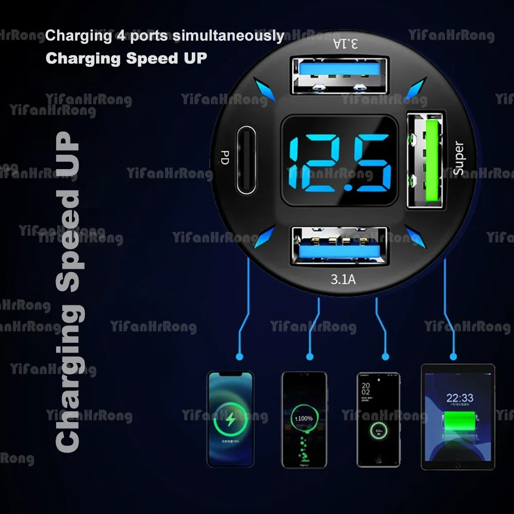 Carregador de carro usb 4 portas carregamento rápido pd carga rápida 3.0 usb c adaptador de carregador de telefone de carro para iphone 13 12 xiaomi samsung