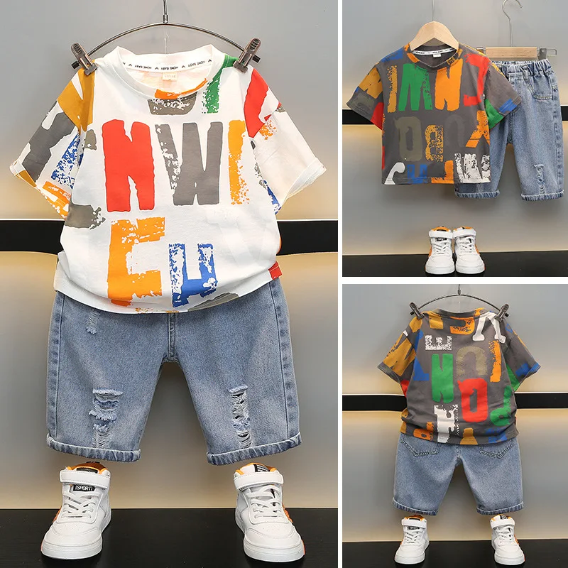 

Kids Fashion Colours Letter Print Summer Soft T-shirts+Denim Shorts 2pcs Suits Boys Sports Suits Boys Girls 2-11Years Casual Set