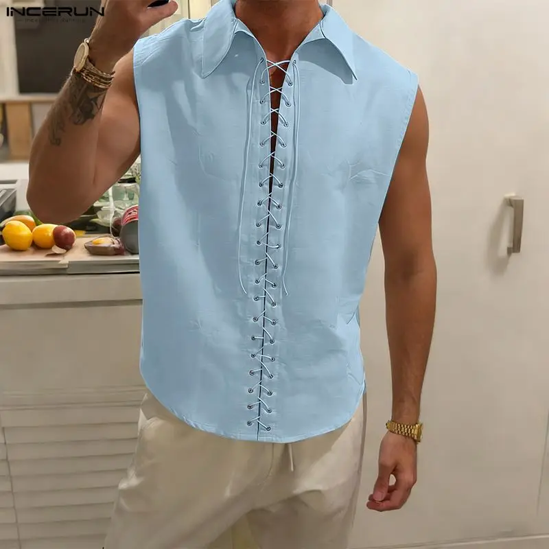 

INCERUN Men's Shirt Solid Lapel Sleeveless Lace Up Men Clothes Summer Streetwear 2026 Loose Fashion Casual Camisa Tops For Man