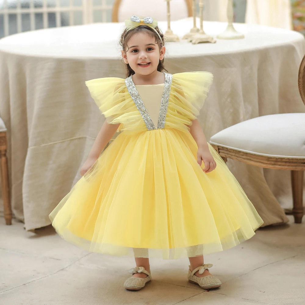 Summer Flower Kids Clothes Children\'s Clothing Bow Puffy Pageant Sequin Baby Girl Dress Fancy Wedding Gown 0-5 Years Costume