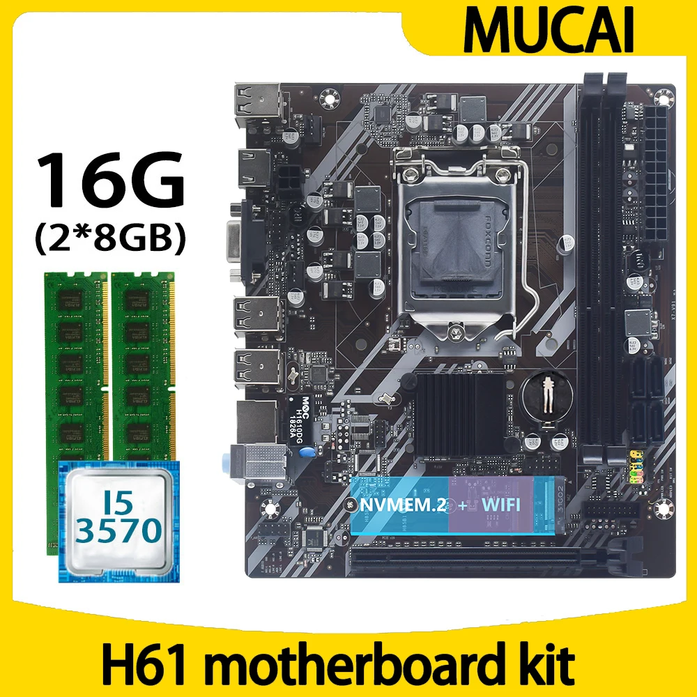 

MUCAI H61 Motherboard LGA 1155 Kit Set With Intel Core i5 3570 CPU Processor And DDR3 16GB(2*8GB) 1600MHZ RAM Memory