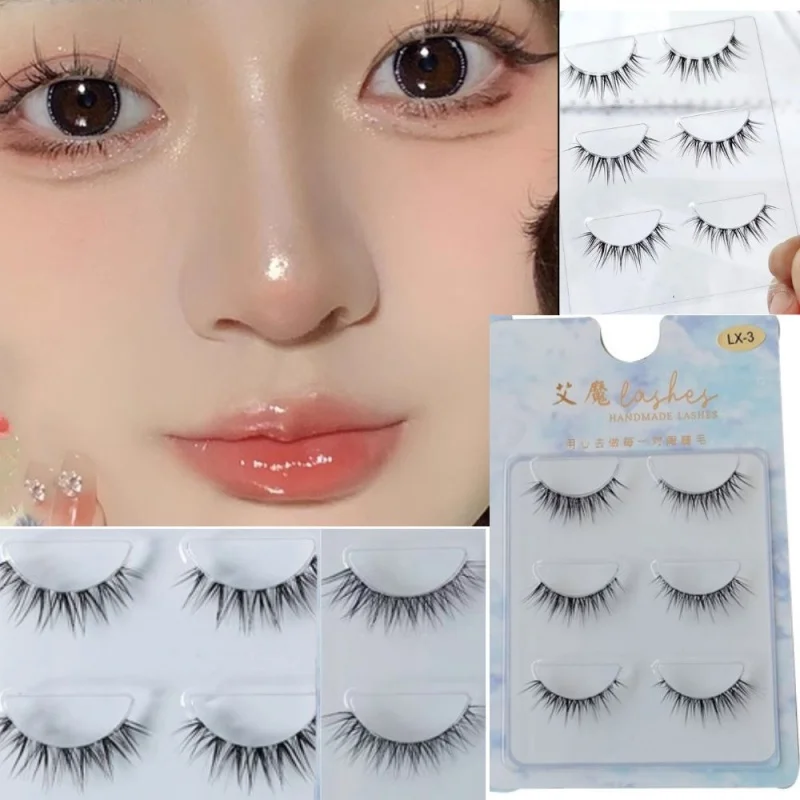 3 Pairs Natural Manga Lashes Thick Soft Transparent Stems False Eyelashes Daily Dating Makeup Eyelashes 3D Big Eye Fake Lashes