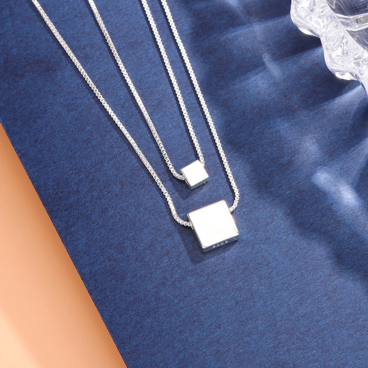 

925 Sterling Silver Jewelry Double Square Box Korean Fashion Popular Temperament Clavicle Chain Pendant Necklaces XL022