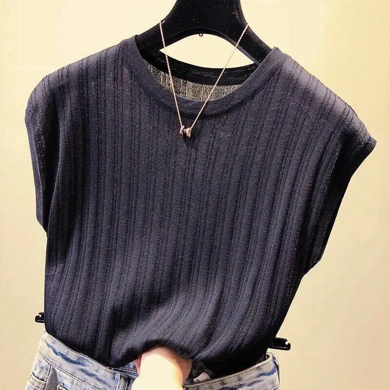 

Summer New round Ne White Faionable Slim Fit Knitted Svel Overhead irt Base Layer Sweet Sle College Student