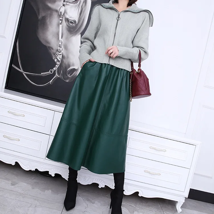 

2023 Women New Elastic Waist Genuine Sheep Leather Skirt Long Casual Real Leather Skirt E2