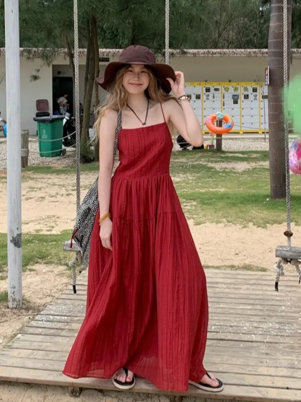 

plus Size White Enhancing Red Travel Style Long Dress Women's Summer A-Line Skirt Sweet Style Sleeveless Gown