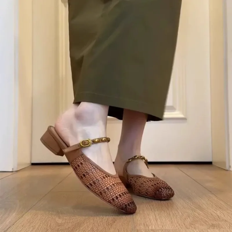 French Woven Cutout Slip-on Half Slippers Fashion New Square Toe Shallow Mouth Metal Buckle Block Heel Wrapped Sandals