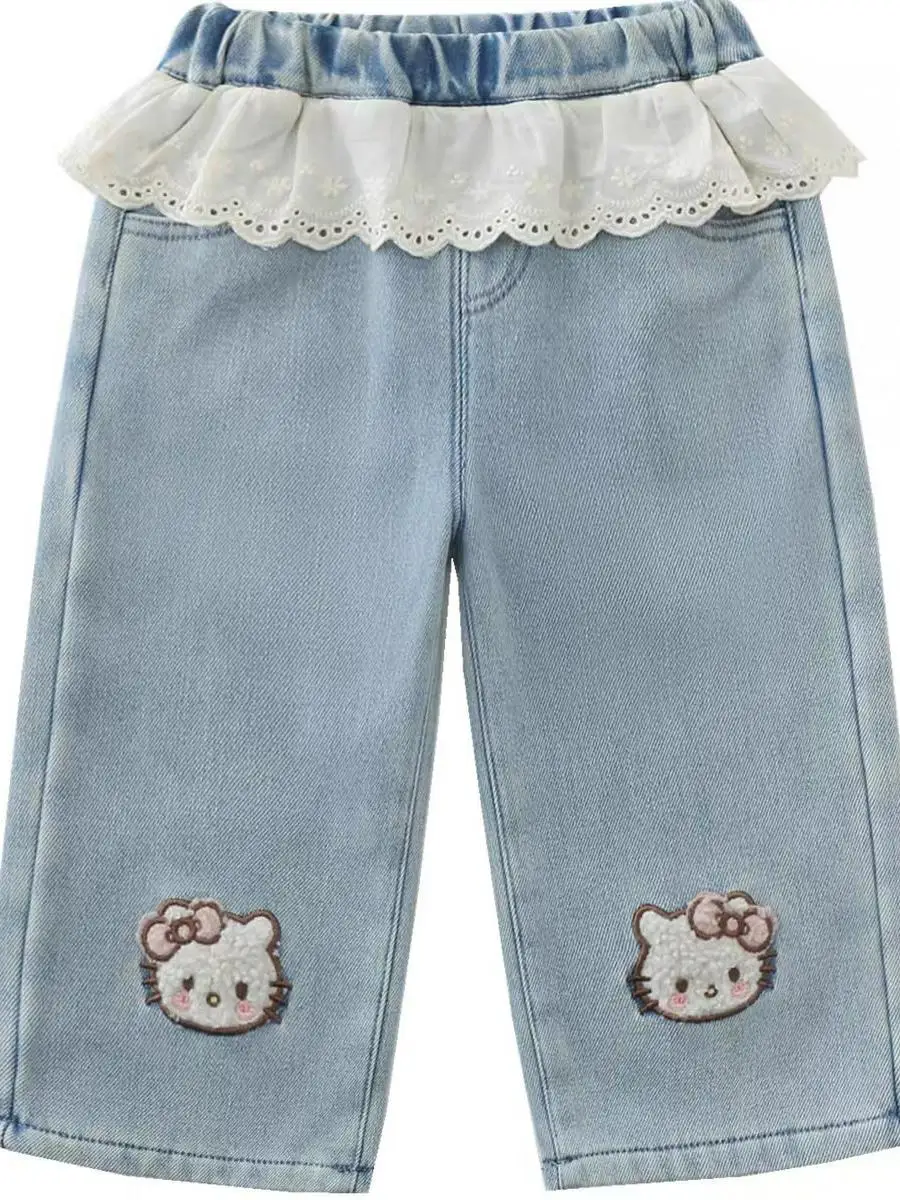 กางเกงยีนส์ขายาวทรงขากว้างลายการ์ตูนสำหรับเด็กผู้หญิง  ผ้ากำมะหยี่  ฤดูหนาว 2025