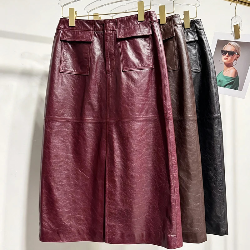 Autumn High Waist Genuine Waxed Sheepskin Midi Skirt for Women Front Split A Line Skirt with Cargo Pockets Vintage Leather Skirt