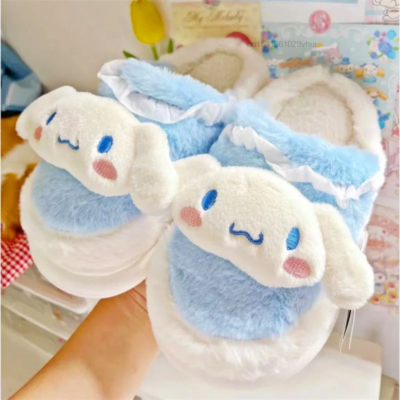 Sanrio Hello Kitty Pantuflas My Melody Kawaii Pink Plush Home Slippers Yk2 Women Winter Fluffy Fur Slippers Cute Flat Shoes Y 2k