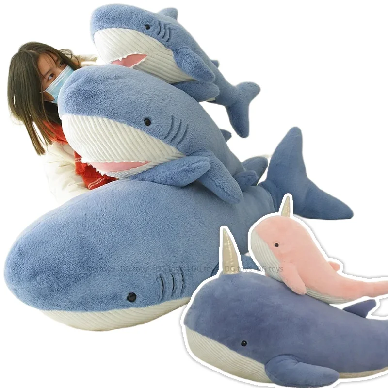 60/90cm/120cm Giant Soft Blue Shark Fantastic Pink Narwhal Plush Toy Stuffed Sea Animals Unicorn Horn Whale Sleep Pillow For Boy