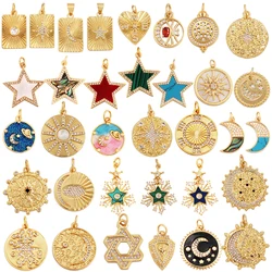 Trendy Sun Moon Star Shell 18K Gold Plated Charm Pendant,Inlaid Shining CZ Zirconia Jewelry Necklace Bracelet Making Supply M52