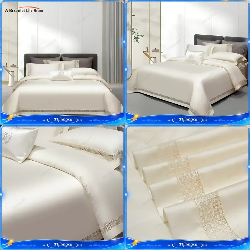 1400TC Egyptian Cotton Bedding Set Hollow Lace Wide Edge Soft Duvet Cover Sheet Pillowcases Luxury Hotel Style Home Textile