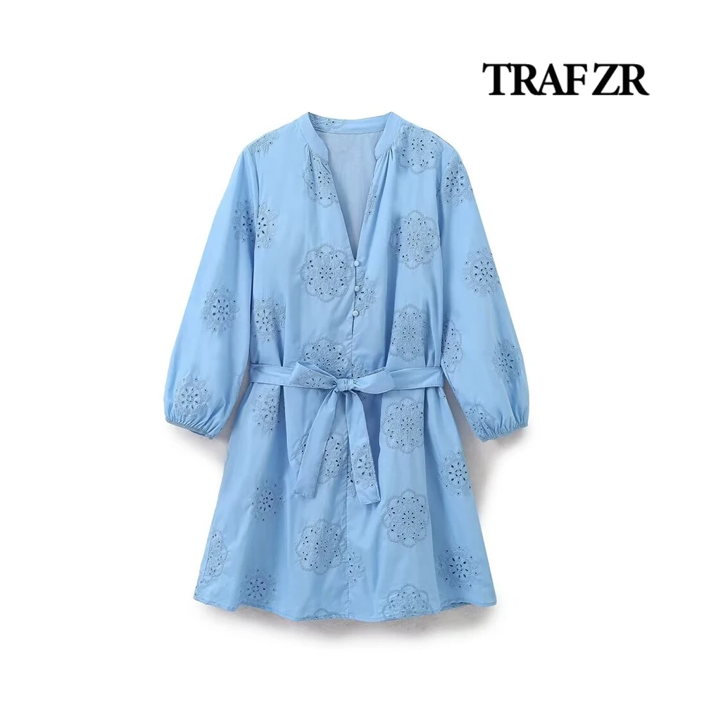 TRAF ZR Mini Pullover Dresses for Women Three Quarter Sleeves Hollow Out Fully Lined Outfit Summer Dress with Tied Self Belt