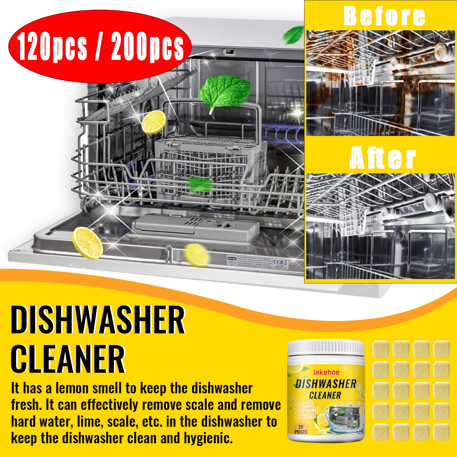 120/200pcs Dishwasher Cleaning Tablets Kit Househod Kitchen Cookware Heavy Oil Stain Grease Removal Foam Cleaner Degreaser