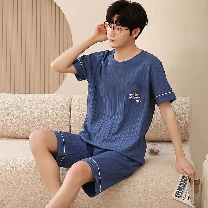 

Korean Fashion Men's Cotton Loungewear Summer Short Sleeve Home Tops Shorts Pijamas Set Male Nightwear Soft pjs Pyjamas Homewear