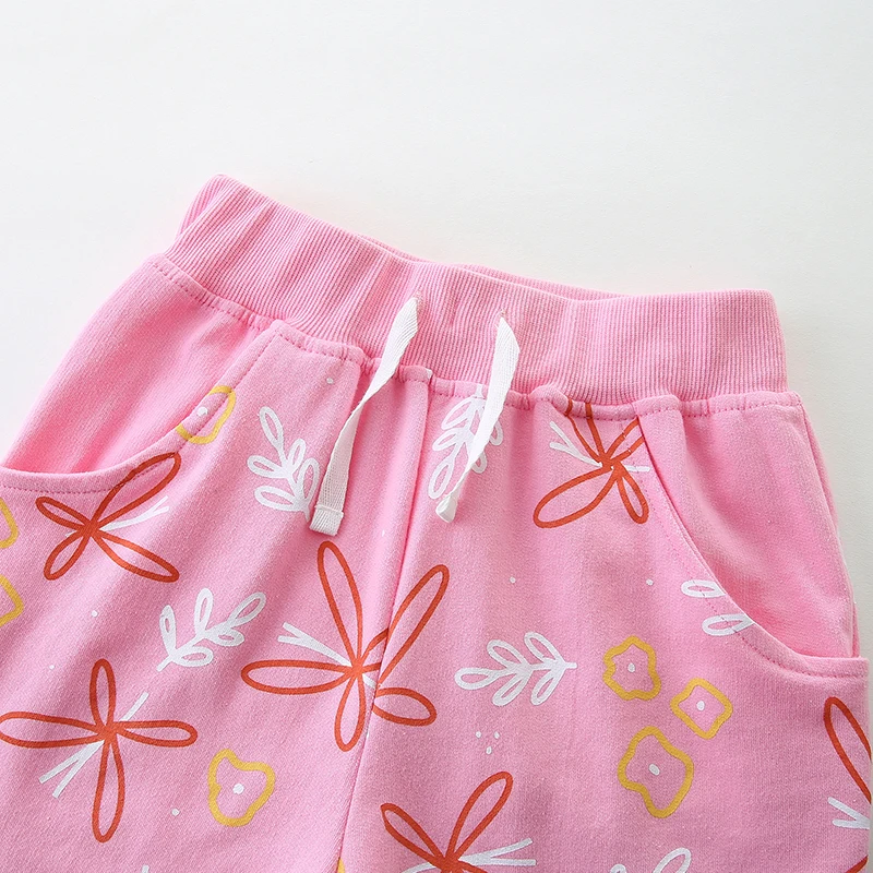 Single Piece Summer Girls Decorative Rope Shorts, Knitted Cotton Cute Cartoon Print Jogging Pants With Pockets 2-7Y