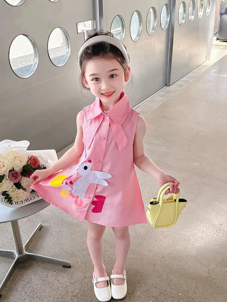 kids\' clothing girl shirt collar cotton Dress with  Embroidery rabbit patch Toddler  Girl Dress letter print pattern