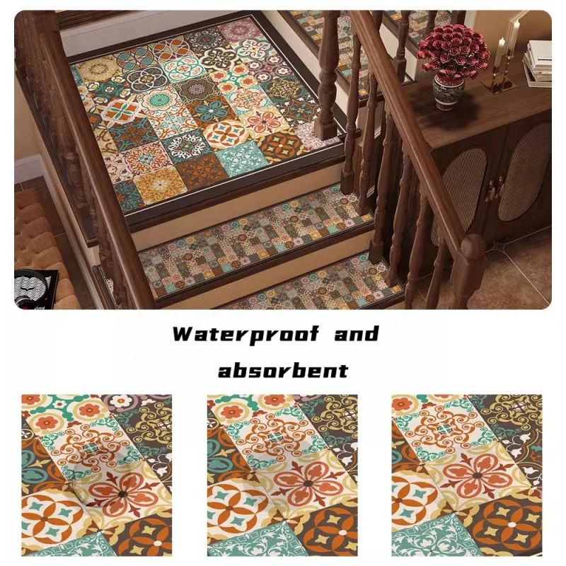 Rubber & Diatom Mud Stair Treads Non Slip Self Adhesive Absorbent Shockproof Indoor Stair Step Mat Vintage Printed Rug