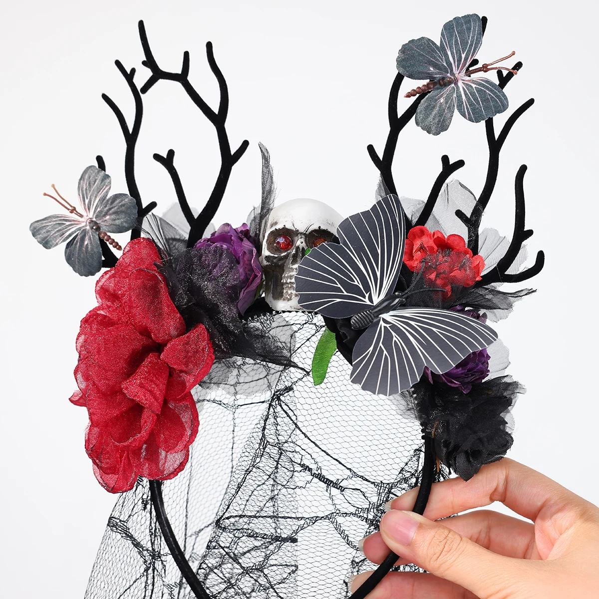 Damen Gothic Geweih-Schädel-Schleier-Stirnband, Schwarzes Spitzen-Rosen-Blumen-Kopfband für Halloween, Vampir-Cosplay, Dunkle Party-Kostüm-Accessoire – Detail 13