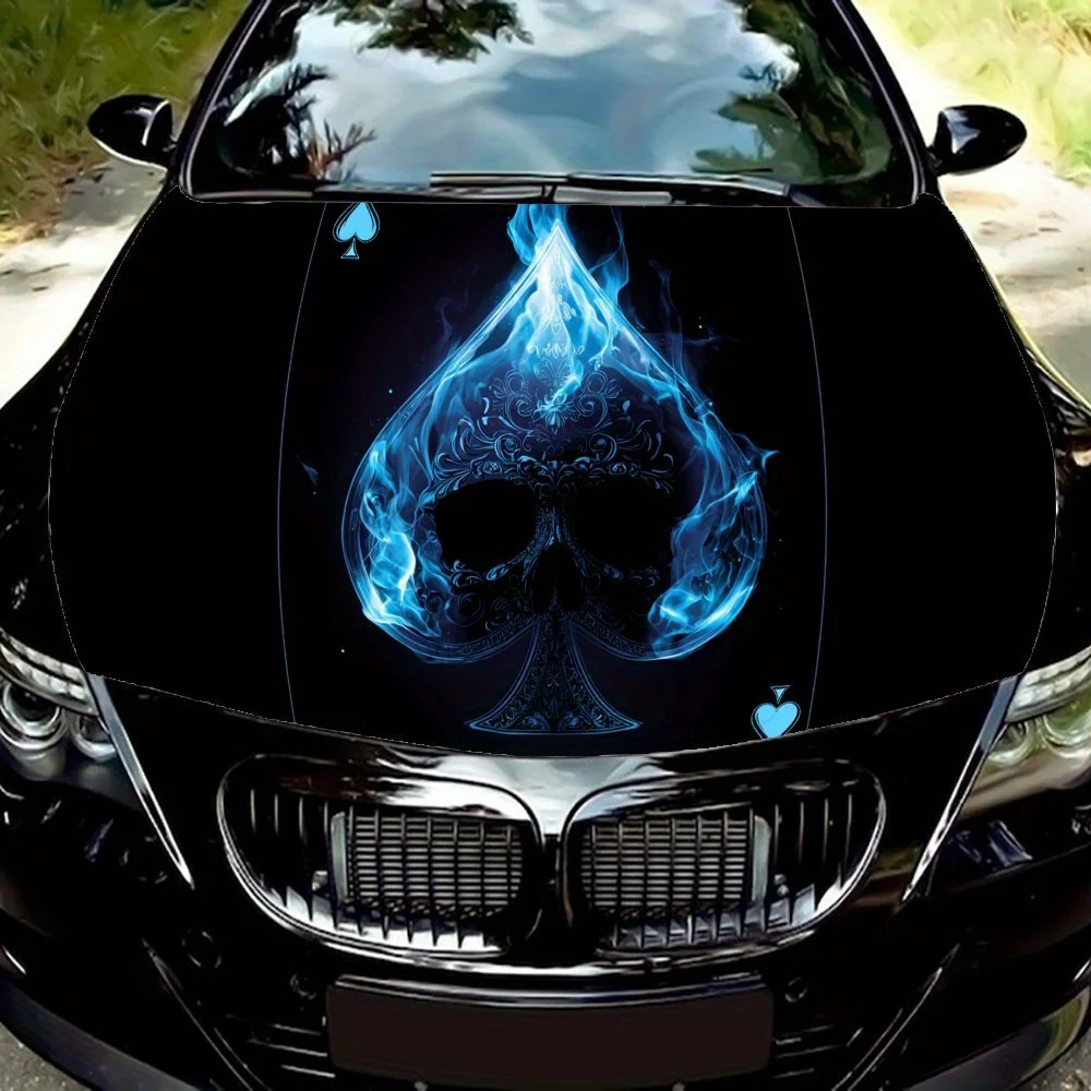 

Виниловая пленка с синим пламенем и черепом для автомобиля, водонепроницаемая наклейка на капот автомобиля из ПВХ, самоклеящиеся устойчивые к царапинам наклейки для Engine Cove