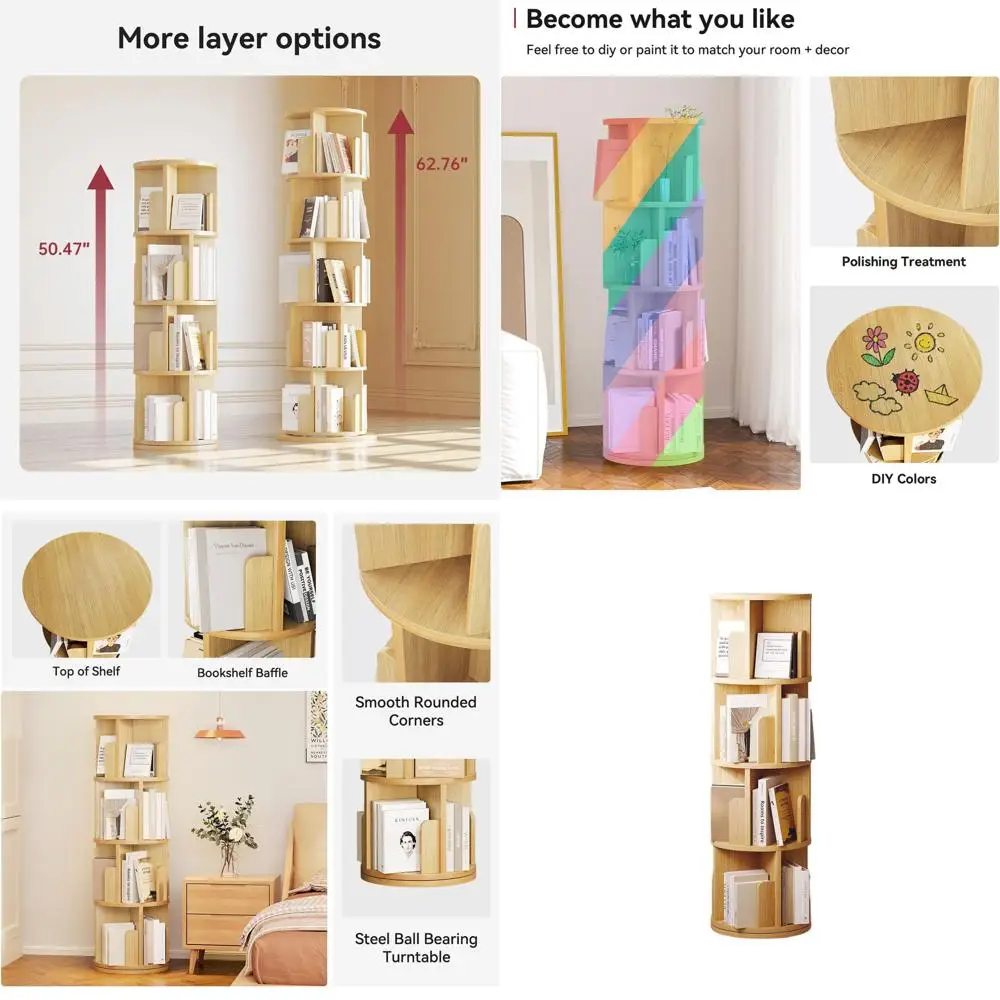 

Compact 4-Tier Rotating Wooden Bookshelf for Small Spaces - Ideal Storage Rack for Bedrooms and Living Rooms
