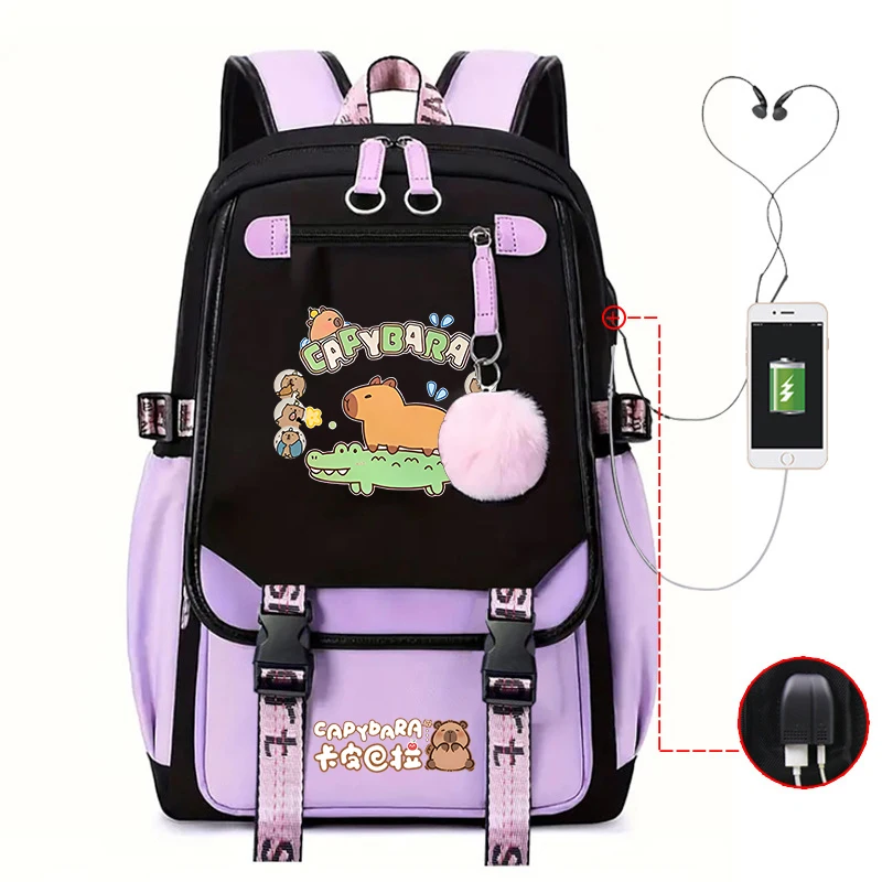 Cute Capybara Print Backpack With Fluffy Pom Pom Pendant Teen Girls Color Blocking Laptop Rucksack Casual Student School Bags