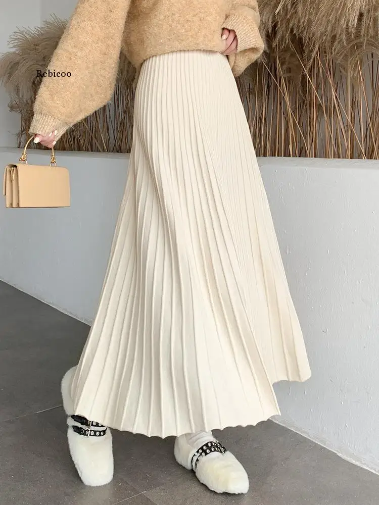 

Knitted Long Maxi Skirt Women 2022 Fall Winter Casual Solid Thick Warm A Line High Waist Ankle Length Skirt Female Ladies