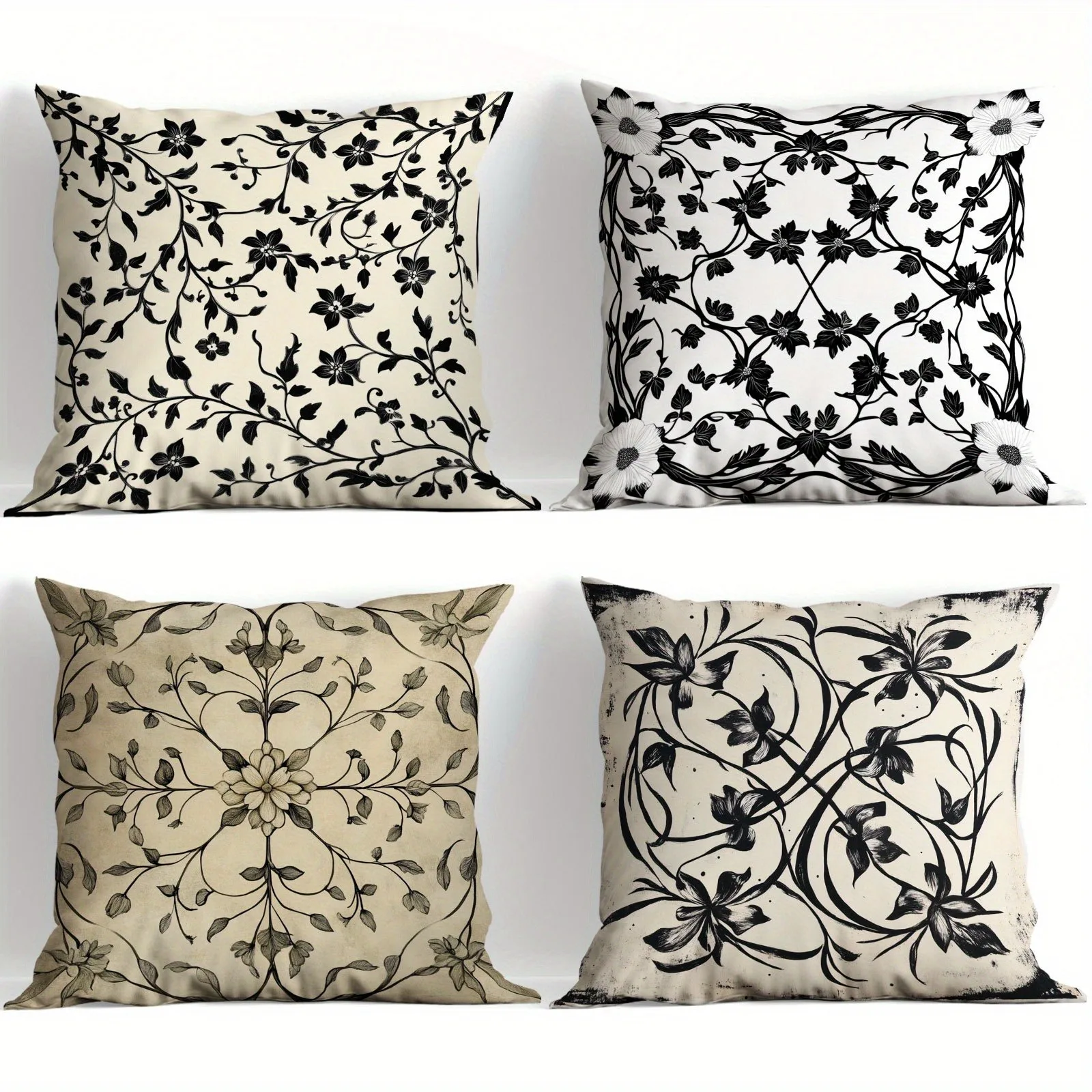 4pcs Floral Botanical Pillow Covers Cushion Cases Home Decor Throw Pillow Shams Set Vintage Baroque Rococo Print Luxury Bedroom