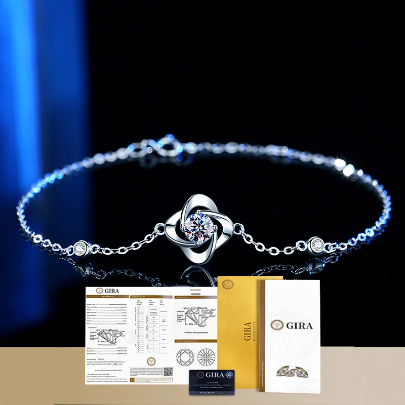 S925 Silver Rhodium Plated Clover & Windmill D Color Moissanite Bracelet for Women, Valentine's Day gift