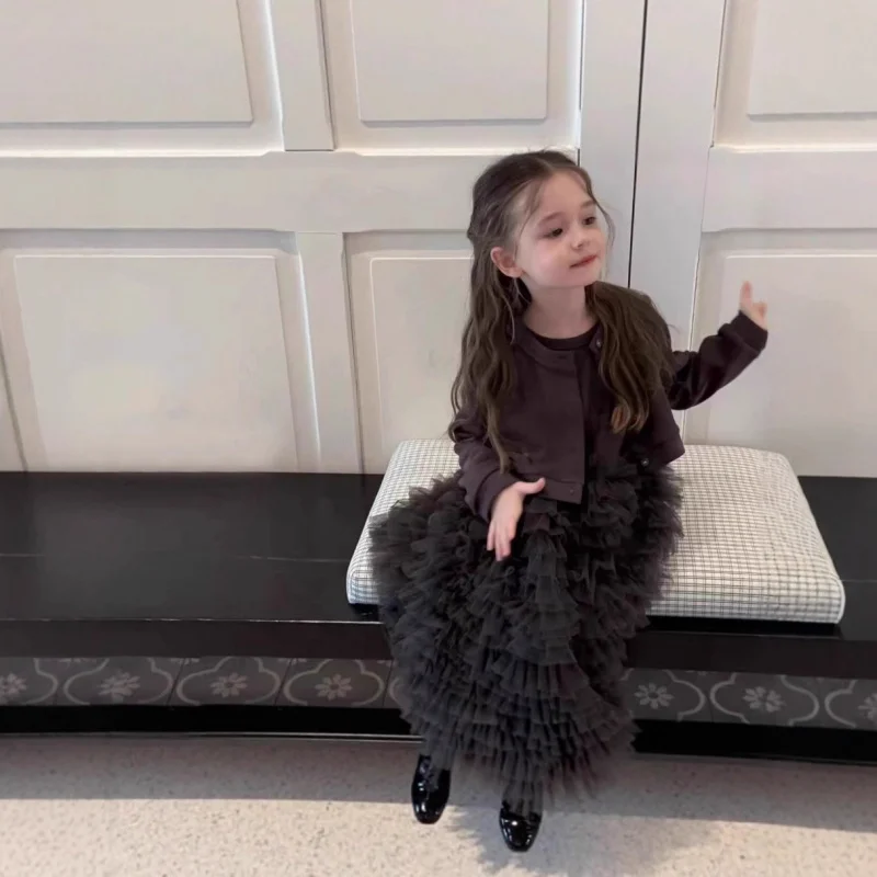 

Girls' Autumn Dress Set New Style Little Girl Patchwork High-end Vest Mesh Cake Princess Dress Cardigan