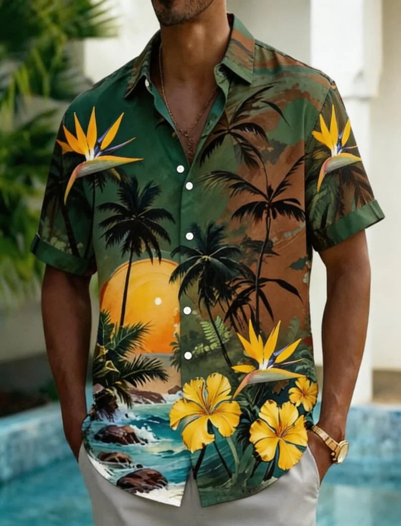 

Men's palm tree floral printed shirt, fresh Hawaiian style, suitable for summer excursions, beach wear, and daily casual wear