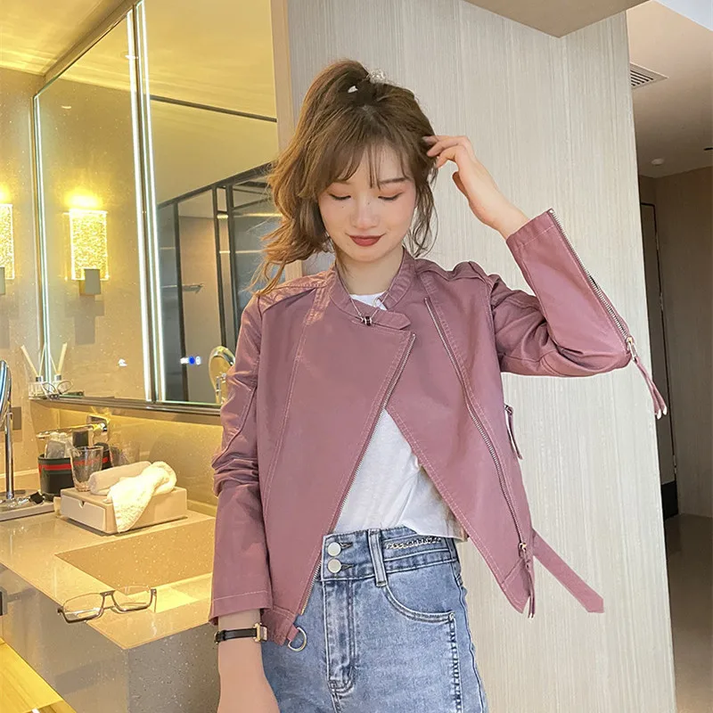 

Spring Fall Women Slim Short Pink Faux Leather Jacket Stand Collar Zipper Long Sleeve Washed PU Motorcycle Jacket Female Outwear