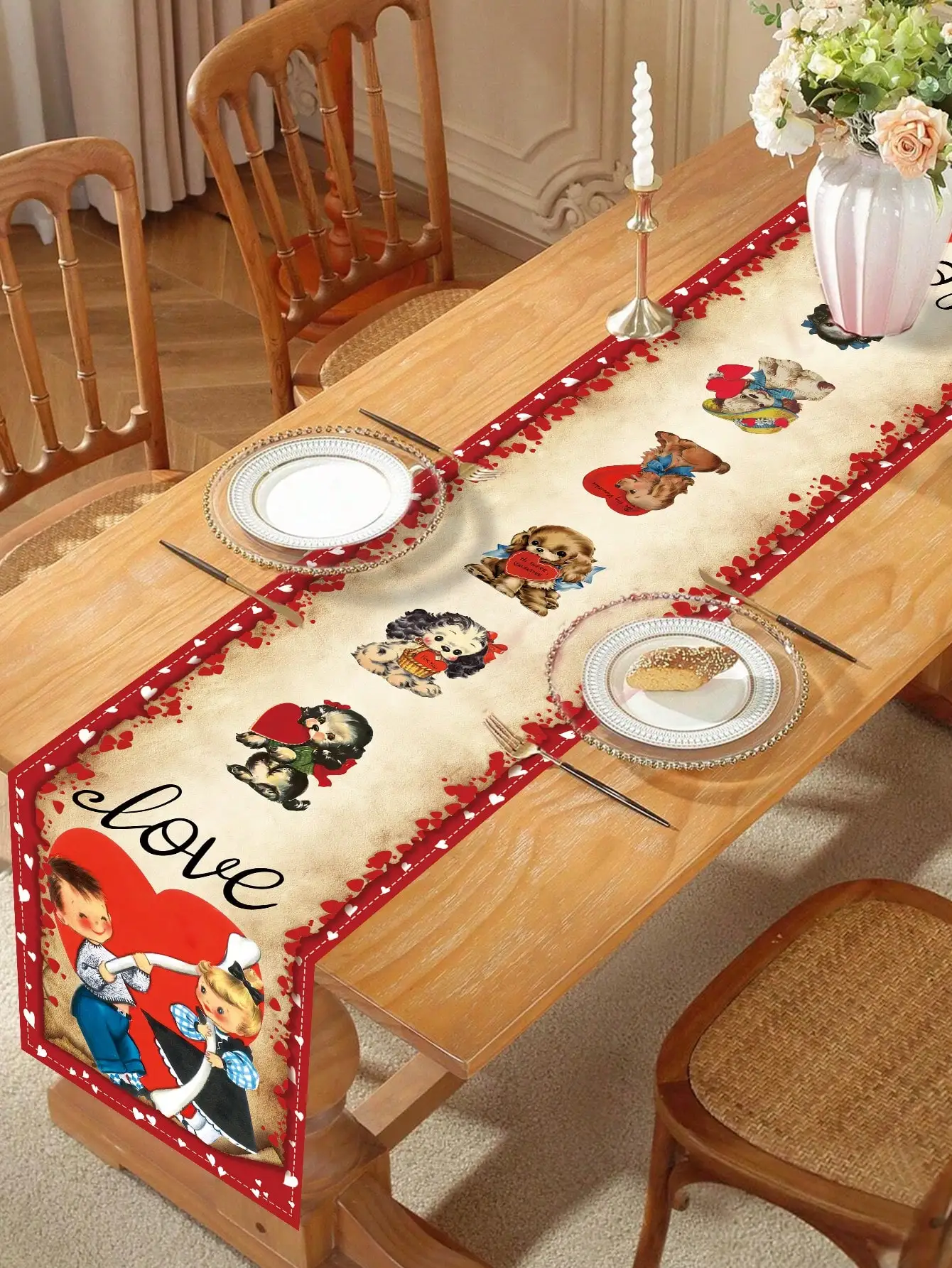 1 Stück Vintage herzförmiger niedlicher Haustier-Tischläufer, Valentinstag-Tischläufer mit Liebesmotiv, rotes Herz, dekorativer Tischläufer, romantische Party, Heimdekoration, Zubehör