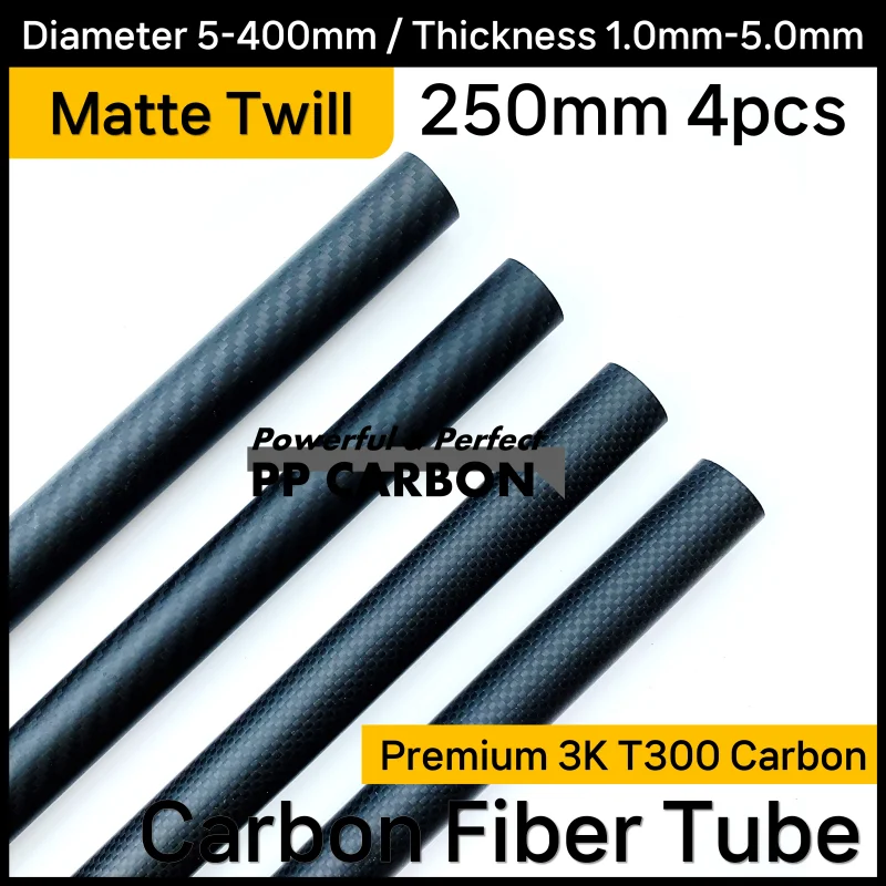 Tube en fibre de carbone pour importateur RC, accessoires 3K, matériau composite élevé, OD 14mm, 16mm, 20mm, 22mm, 25mm, 28mm, 30mm, 40mm, 50mm, 250mm, 4 pièces