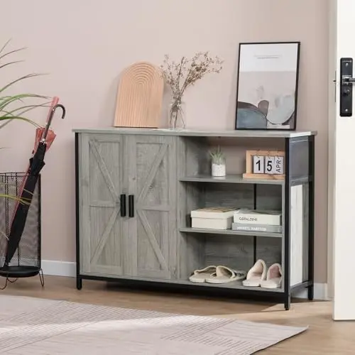 Floor Storage Cabinet, Buffet Storage Cabinet with 2 Barn Doors, Industrial Sideboard with Adjustable Shelves, Buffet Table for