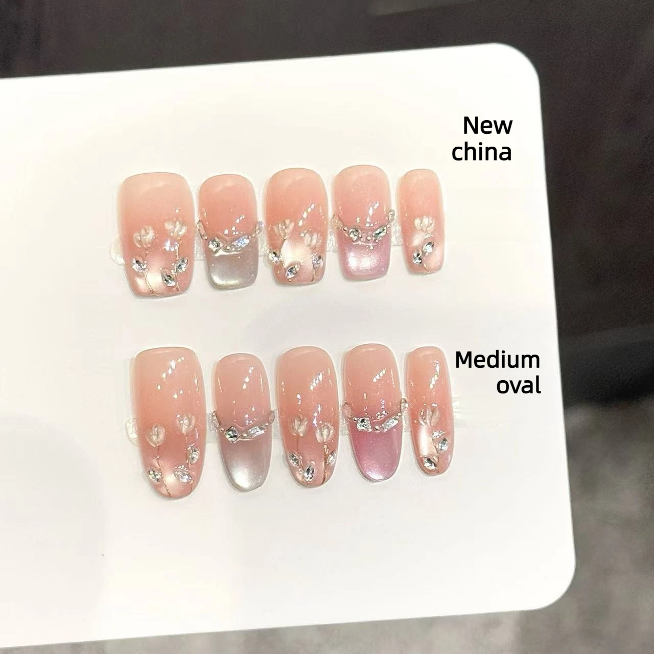 

10Pcs Handmade Press on Nails Medium Oval Nude Pink Ombre Cat Eye Spring Summer False Nails