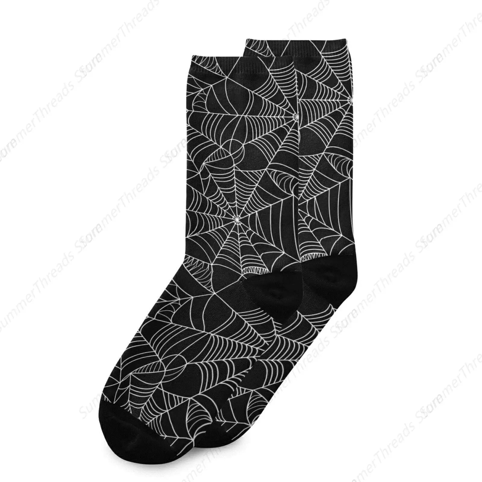 Halloween White Spider Web on Black Dark Seamless Pattern Unisex Long Casual Socks Athletic Crew Socks for Women Men