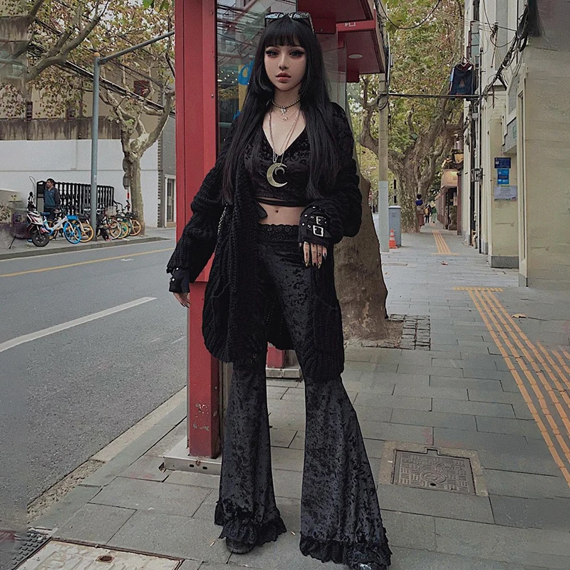 Y2K Gothic Black Lace Mesh Flared Pants Sexy Harajuku Aesthetic See Through Long Trousers Vintage Women Summer Pants Streetwear