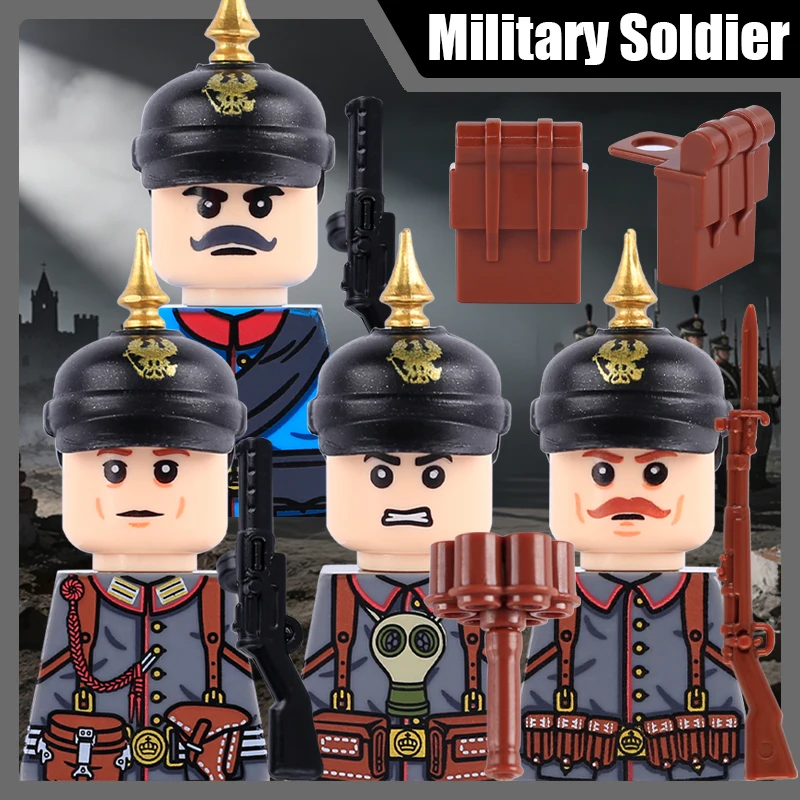 WW1 Prussian Army Soldier Figures Building Blocks Historical Military Infantry Warrior Guns Helmet Backpack DIY Bricks Toy Gifts