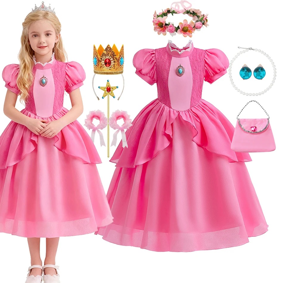 Girls Pink Princess Dress with Accessories Role Playing Costumes for Games Character Kids Puff Sleeve Gown for Birthday Hallowee