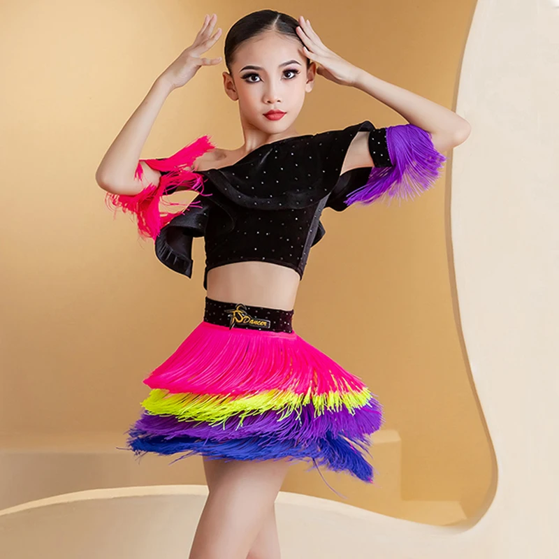 Fashion High-End Latin Dance Costume Girls Velvet Latin Top Fringed Skirt Children'S Latin Dance Professional Clothes SL11038