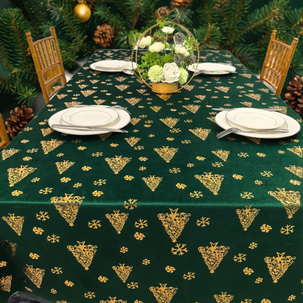 Gold Foil Velvet Tablecloth – Luxury Printed Table Cover for Christmas, Holiday Dining, Wedding, Party & Home Decor