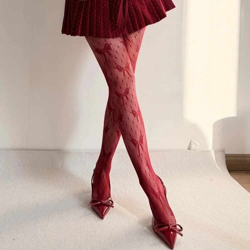 Soft Lace Mesh Bow Stockings Vintage Fishnet Hollowed Out Jacquard Pantyhose Sweet Y2K Polka Dot Stockings Spicy Girls
