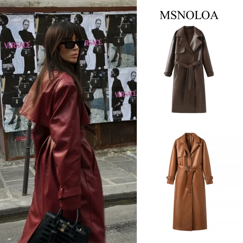 2024 Women New Fashion with Belt Long Style Single Breasted Faux Leather Coat Vintage Long Sleeve Pockets Female Outerwear